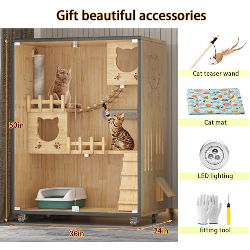 HUATOL Wooden Large Indoor Cat Enclosure, Indoor/Outdoor Cat Cage Large Space with Wheels, Multi-Feature Enclosed Cat Condo for Indoor Cats Ventilation Glass Doors, 50" X 36" X 24"
