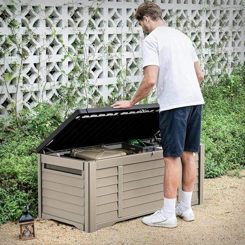 DWVO Large Deck Box 120 Gallon Waterproof Outdoor Storage Box, Extra Large Outdoor Storage Bin, Resin Louvered Patio Storage for Outdoor Pillows, Garden Tools & Pool Supplies, Lockable, Dark Brown
