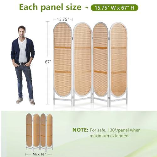 6 Panels Room Dividers and Folding Privacy Screens, Hand-Woven Rattan Room Divider Wall, Wood Room Divider Freestanding Room Partitions Screen for Home Office Bedroom, WhiteBrown