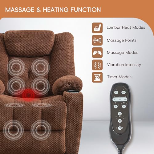 Dual Motor Power Lift Recliner for Elderly, Electric Reclining Chair with Massage and Heat, Single Sofa with USB Ports, Cup Holders, Side Pockets for Living Room Bedroom (Brown)