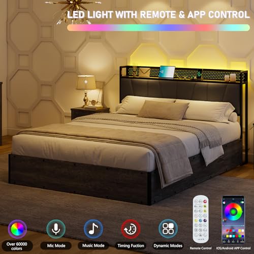 Full Size Lift Up Storage Bed Frame with LED Lights, Linen Upholstered Headboard with Charging Station, Wooden LED Light Platform Bed Frame, No Spring Box Needed/Noise Free, Black