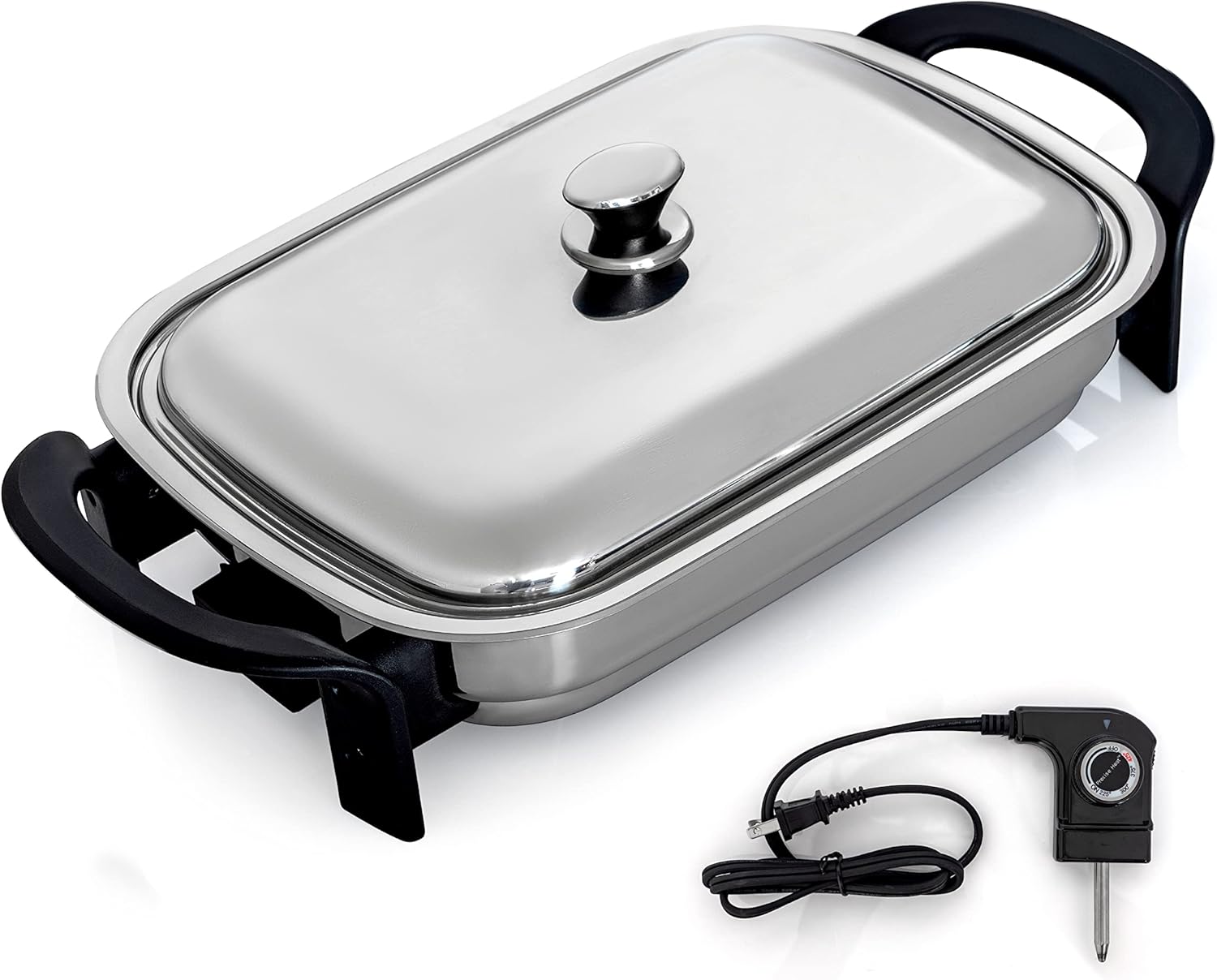 Maxam 16-Inch Electric Skillet - Rectangular Stainless Steel Pan with Handles and Lid Cover