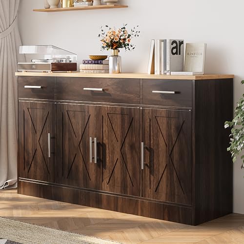 Shintenchi Buffet Cabinet with Storage,53.4" Large Kitchen Storage Cabinet with 3 Drawers and 4 Doors,Wood Farmhouse Buffet Cabinet with Adjustable Shelf for Kitchen Living Room,Brown