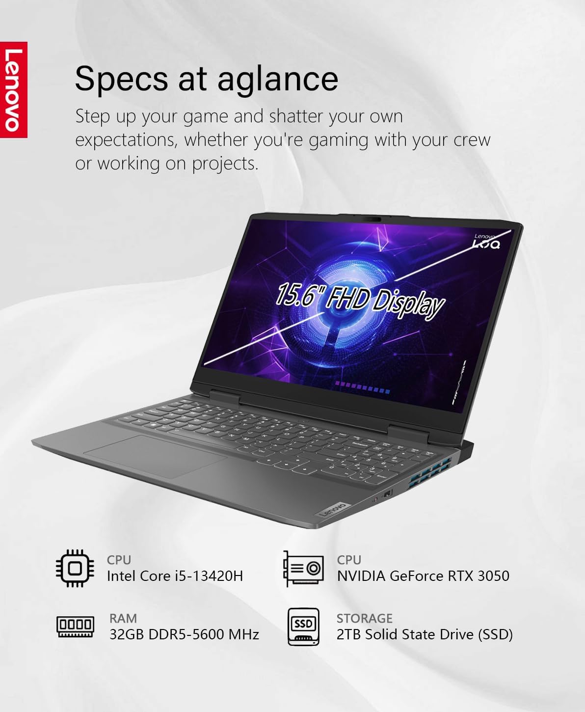 Lenovo LOQ 15.6" Gaming Laptop, 144Hz IPS, Intel Core i5-13420H (4.60GHz), 32GB RAM 2TB Storage, NVIDIA GeForce RTX 3050 Laptop GPU, Backlit KB, Win11, Storm Grey, W/GaLiMu