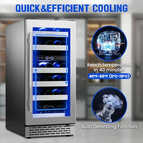 15" Wine Cooler Refrigerator Dual Zone-28 Bottle Capacity, Seamless Reversible Doors, Shelves Stainless Steel Edged, Built-in or Freestanding Wine Cooler for Home and Kitchen