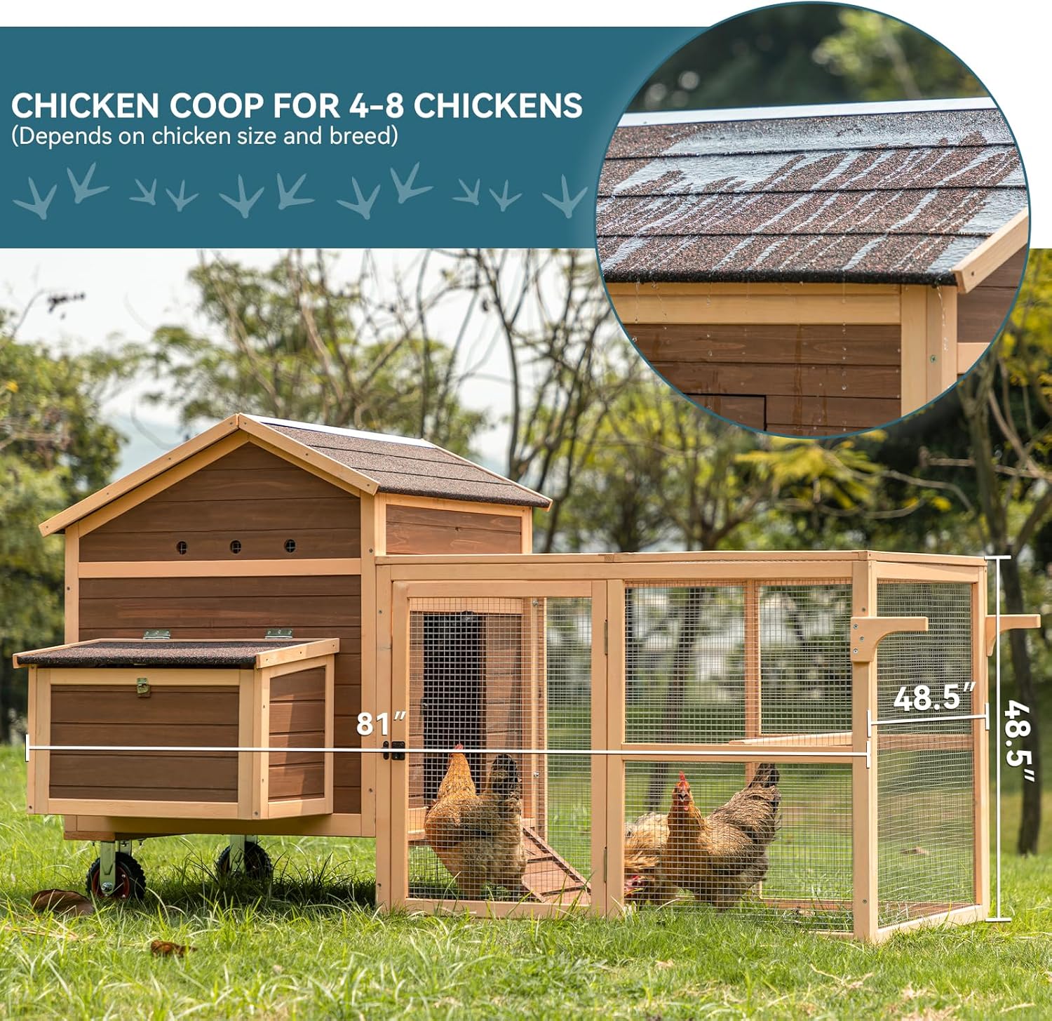PETSFIT Large Chicken Coop Tractor 81" Hen House Suitable for 4-8 Chickens, Outdoor Waterproof Poultry Cage with Nesting Box/Wheels-5 Access Areas & Pull Out Tray for Easy Cleaning
