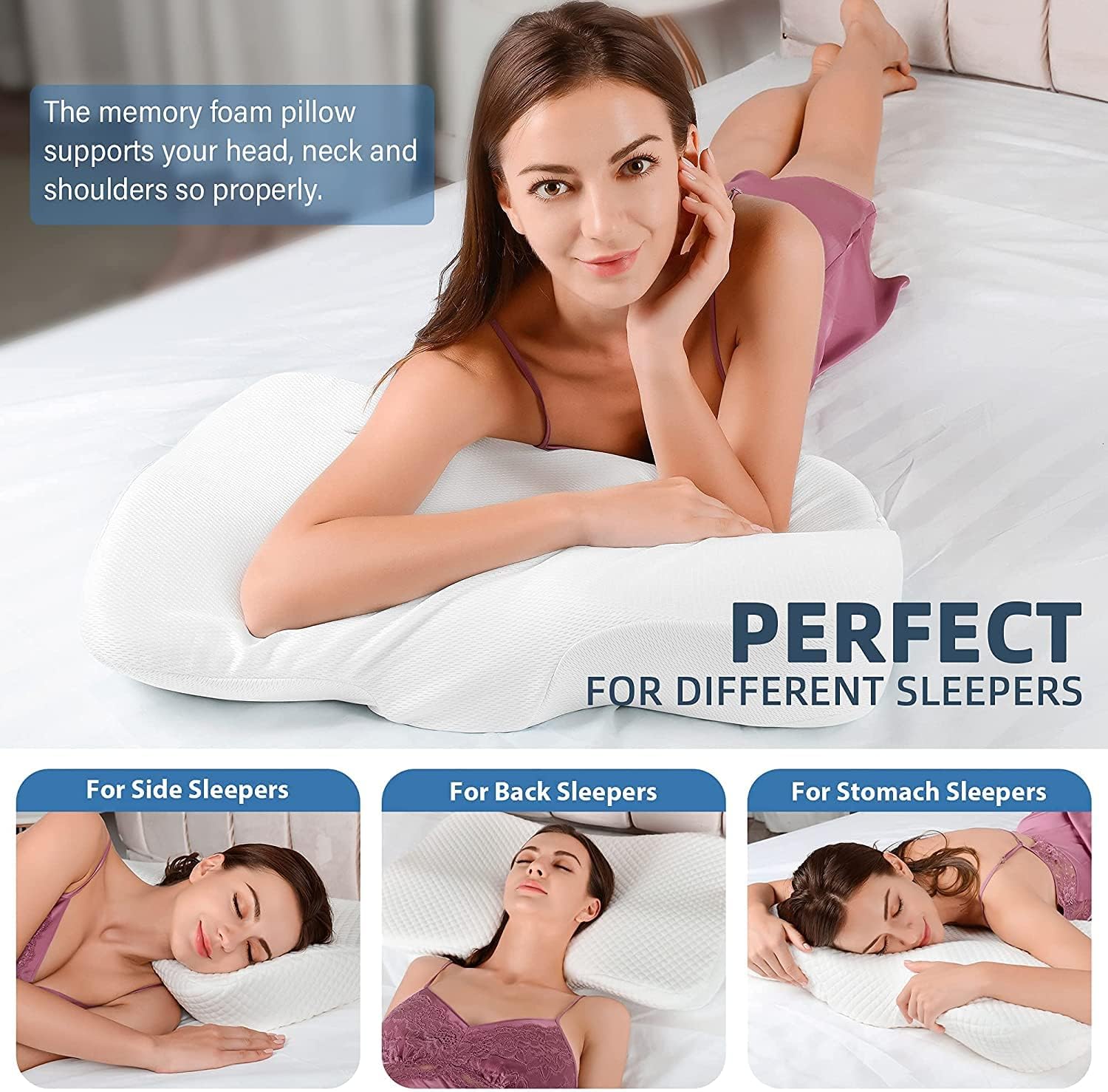 Cervical Contour Pillow for Neck and Shoulder Pain Relief - Orthopedic Ergonomic Memory Foam Pillow Neck Support Pillow with Washable Pillowcase for Side, Back and Stomach Sleepers (Standard)