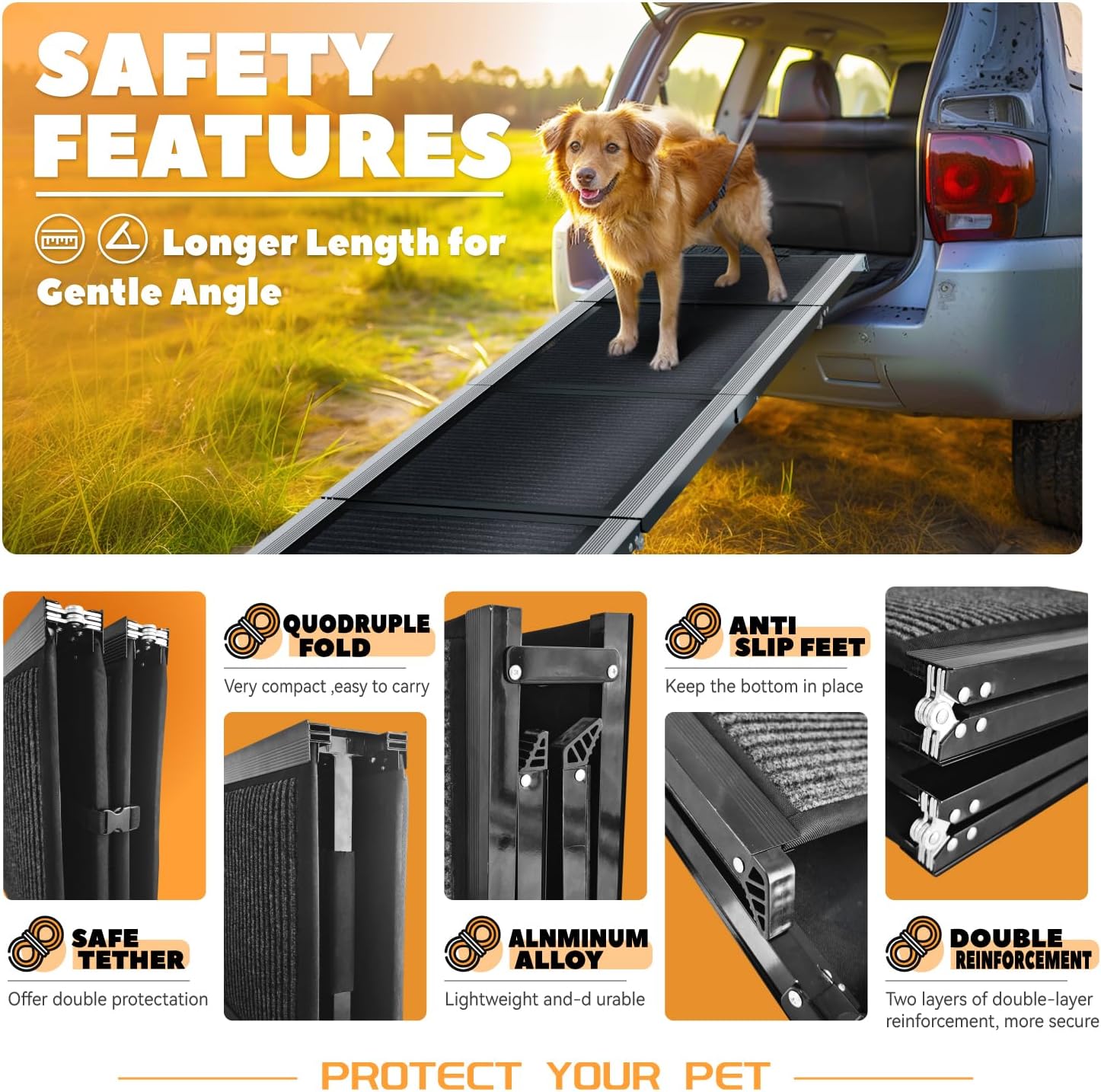 Dog Ramp for Car Large Dog,71" Foldable Portable Dog Car Ramp with Non-Slip Rug Surface,20" Extra Wide Pet Step Ramp for Medium & Large Dogs Enter a Car, SUV & Truck