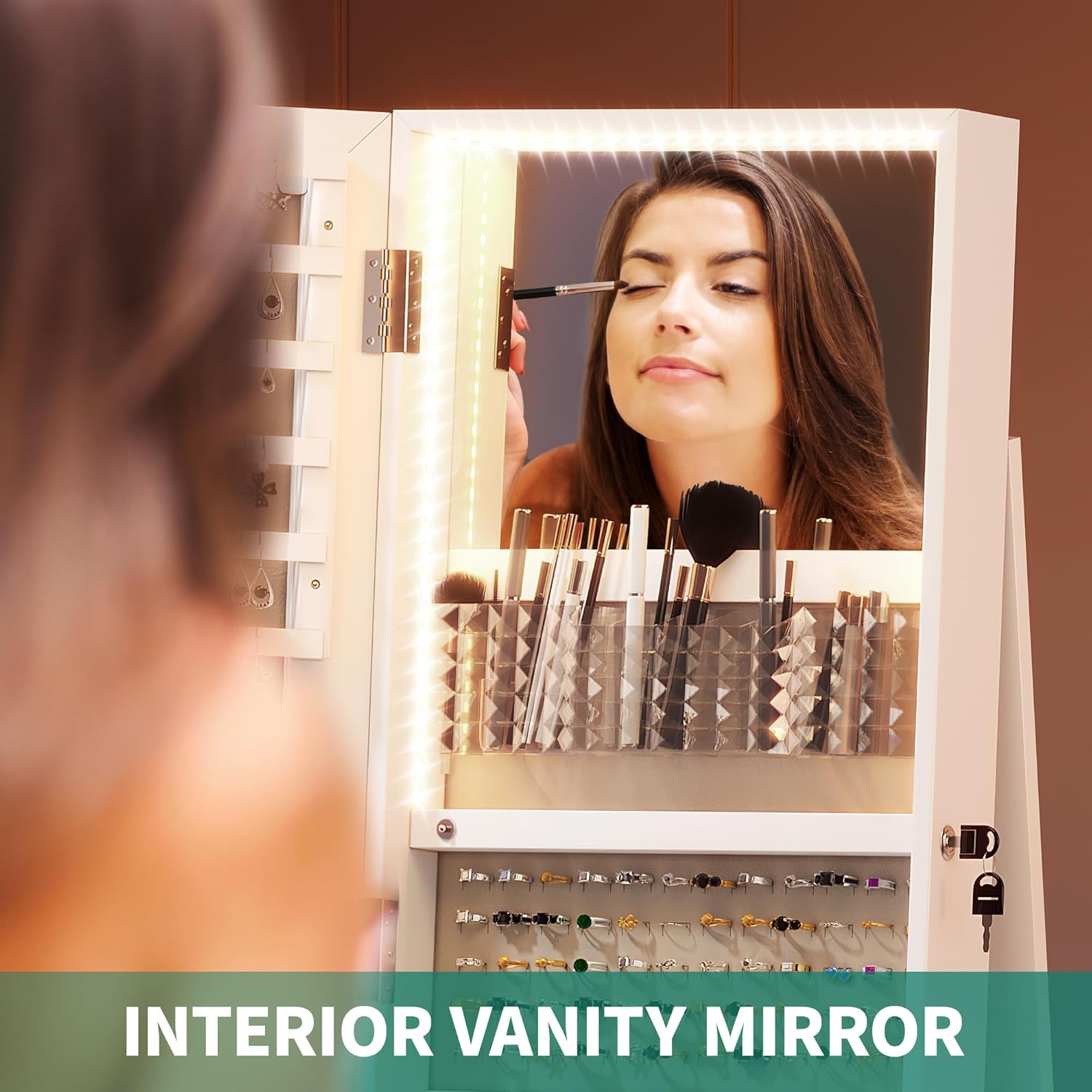 YITAHOME Mirror Jewelry Cabinet with Lights Standing Jewelry Armoire Storage Rotatable Full Length Mirror Jewelry Organizer Lockable Jewelry Armoire with Wheels for Bedroom, Cloakroom, White