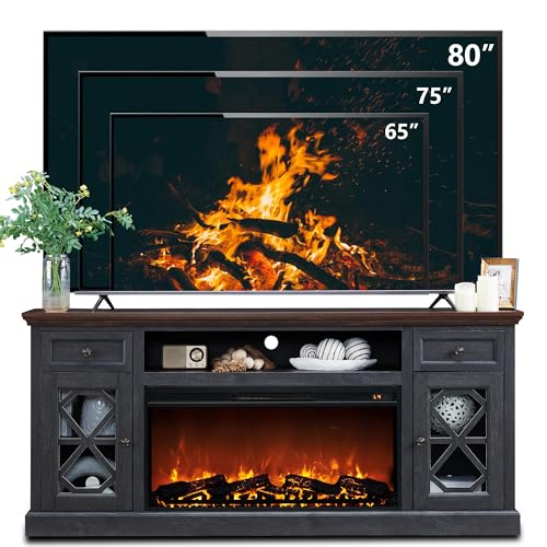 Farmhouse Fireplace TV Stand with 36" Electric Fireplace for 80 Inch TVs, 31" Tall Entertainment Center w/Drawer & Diamond Panel Door, Highboy Media Console for Living Room, 70inch, White