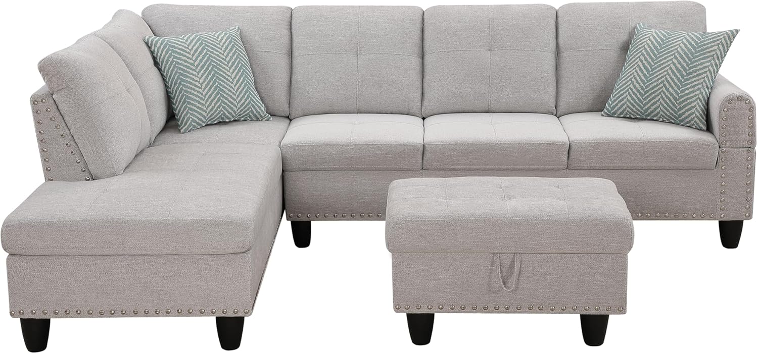 98" Left Hand Facing Sofa & Chaise with Storage Ottoman and Rounded Arms, L-Shaped Upholstered Corner Couch w/Cup Holders & 2 Toss Pillows for Living Room, Office, Apartment, Light Gray
