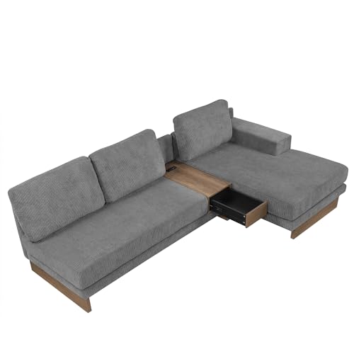 114" L-Shaped Sofa Sectional Sofa with Two USB Ports and Two Power Socket, Modern Couch Set with a Storage Drawer and a Reversible Chaise Lounge for Living Room (Grey)