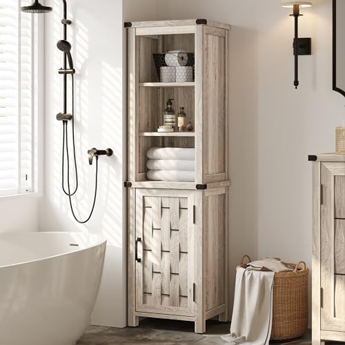 LINSY HOME Bathroom Storage Cabinet, Farmhouse Narrow Storage Cabinet with Door & Adjustable Shelves, Tall Linen Tower for Bathroom, Living Room, Light Brown