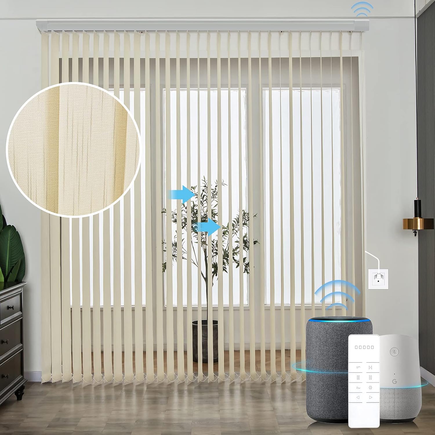 Graywind Motorized Half Shading Vertical Blinds Compatible with Alexa Google Privacy Smart Vertical Blind Remote Control Track Slats Set for Sliding Doors No Valance, Width Up to 157, Textured Khaki