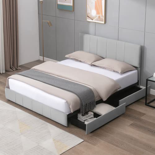 CECER Full Bed Frame with 4 Storage Drawers, Upholstered Storage Bed Platform with Adjustable Headboard for Bedroom/No Box Spring Needed/Easy Assembly/Velvet Fabric (Beige)