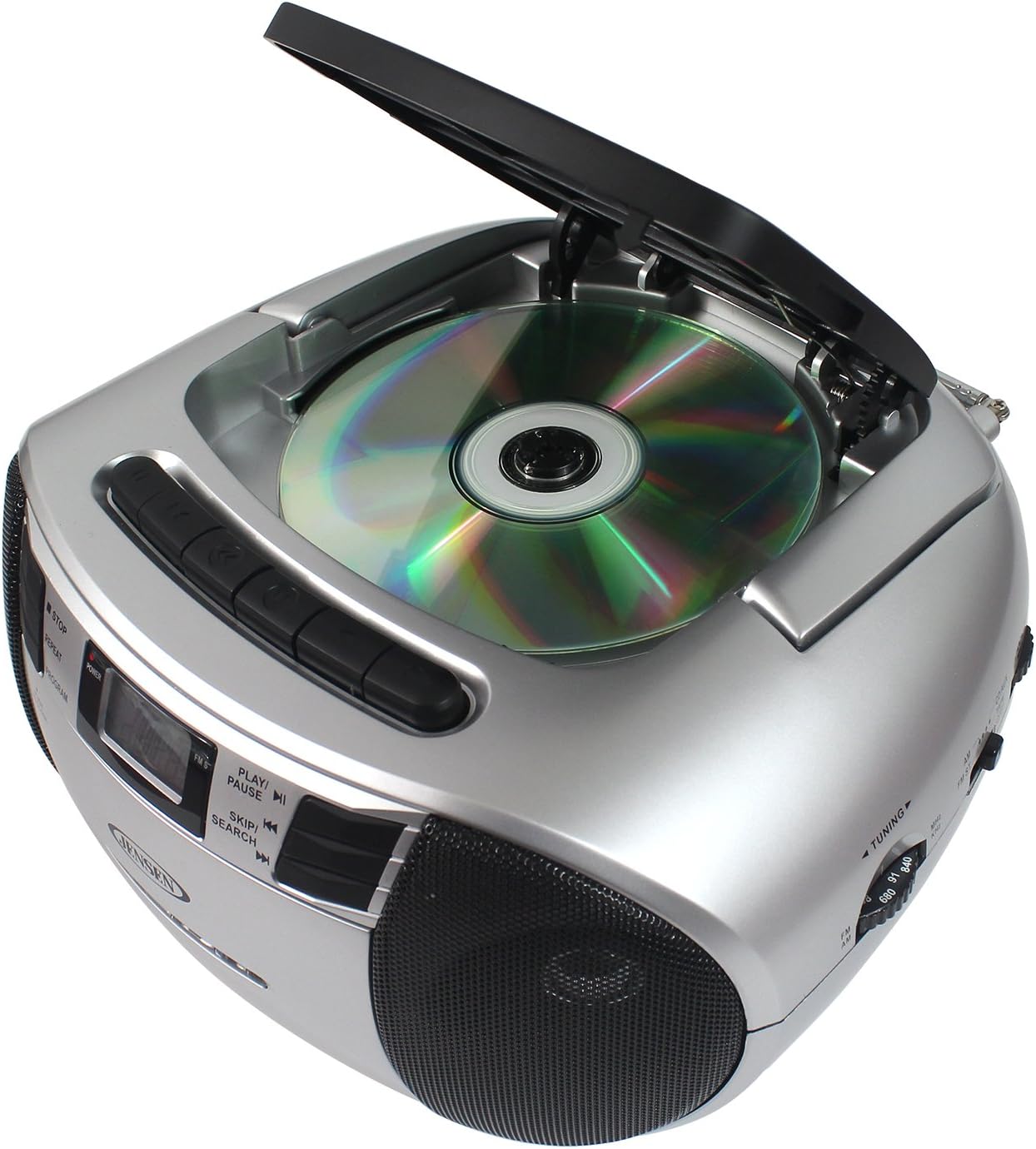 Jensen CD-545MP3 Top-Loading CD/MP3 AM/FM Radio Cassette Player, and Recorder Boombox Home Audio, Aux, Headphone (Silver/Black) Pack of 2