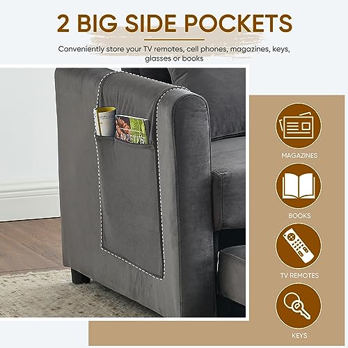 3 in 1 Convertible Sleeper Sofa Bed, Modern Velvet Loveseat Futon Couch Pullout Bed with Side Storage Pockets & Pillows, Small Love Seat Lounge Sofa Bed for Living Room, Small Space (Blue)