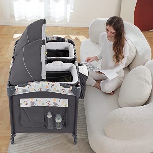 Twin Bassinet & Full-Size Infant Bassinet & Playard for Baby, includes 2 Removable Rock-A-Bye Portable Bassinets with Storage Bags, Light Gray