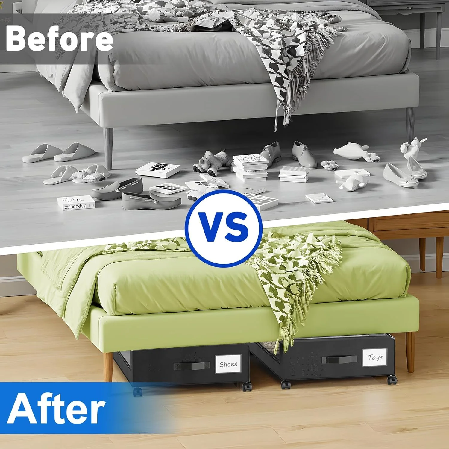Under Bed Storage with Wheels, 2-Pack Under Bed Storage Containers with Clear Lids, XXL 60L Under the bed storage Organizer Bins, Rolling Under Bed Metal Drawer for Clothes,Shoes,Toys (Black)