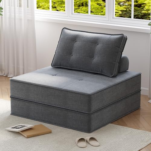 Folding Sofa Bed with Back Support, Large Convertible Sleeper Chair Floor Couch with Pillow, Foldable Mattress Portable Chair Bed Floor Sofa Lounge for Living Room Bedroom Apartment (Beige)