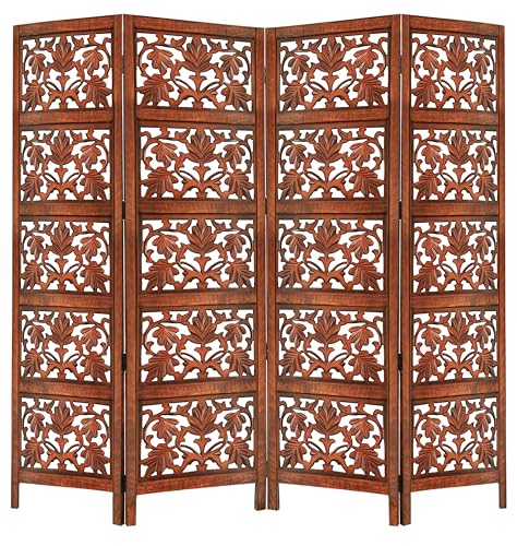 Room Divider Wood Screen - Ghanti Bells Antique Brown - 4 Panel Folding 72 x 80 - Assembled Hand Carved Decorative Functional Versatile Portable Partition Reversible Privacy Boho - COTTON CRAFT