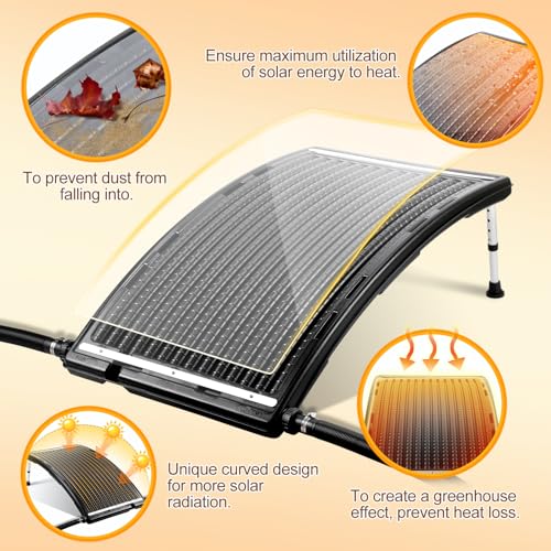 2025 Upgraded Solar Pool Heater with Adjustable Support Feet, Pool Heater for Above Ground Pool, Inground Pool Warmer, with 2 Adapters, 2 Hoses & Clamps, 2 Plumber Tapes, Thicken