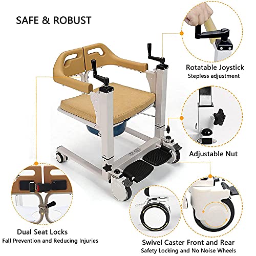Multi-Function Patient Wheelchair, Patient Moving Chair Handicapped Elderly Bath Chair Easy Transfer to Toilet and Bathroom, with Removable Cushion and Commode-Hydraulic