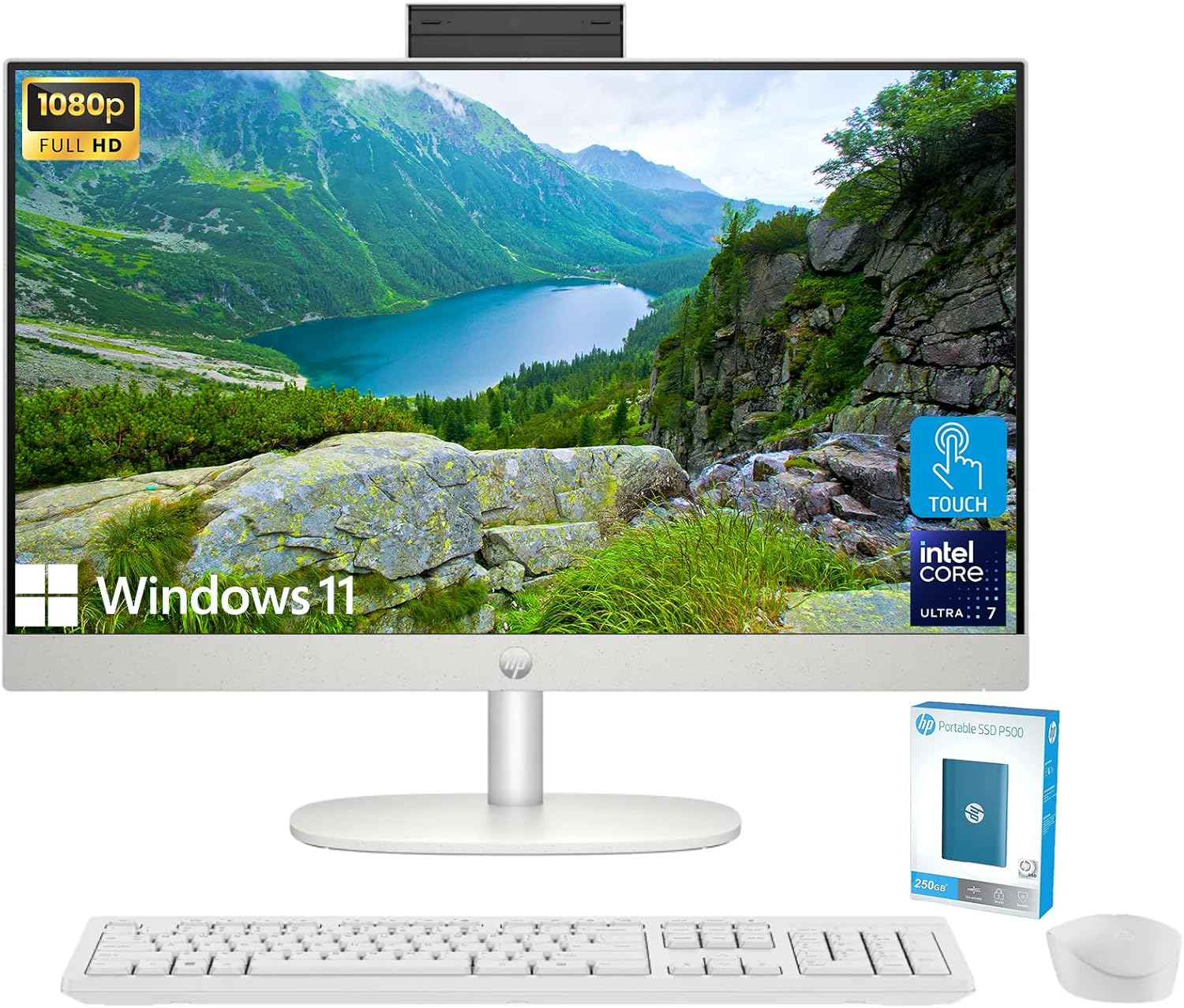 HP Newest 27" All-in-One Desktop Computer, FHD IPS Touchscreen, Intel Core Ultra 7-155U 12-Core Processor, 64GB DDR5, 1TB SSD, Wi-Fi 6, HDMI, Wireless KB&Mouse, Windows 11 Home, P500 Portable SSD