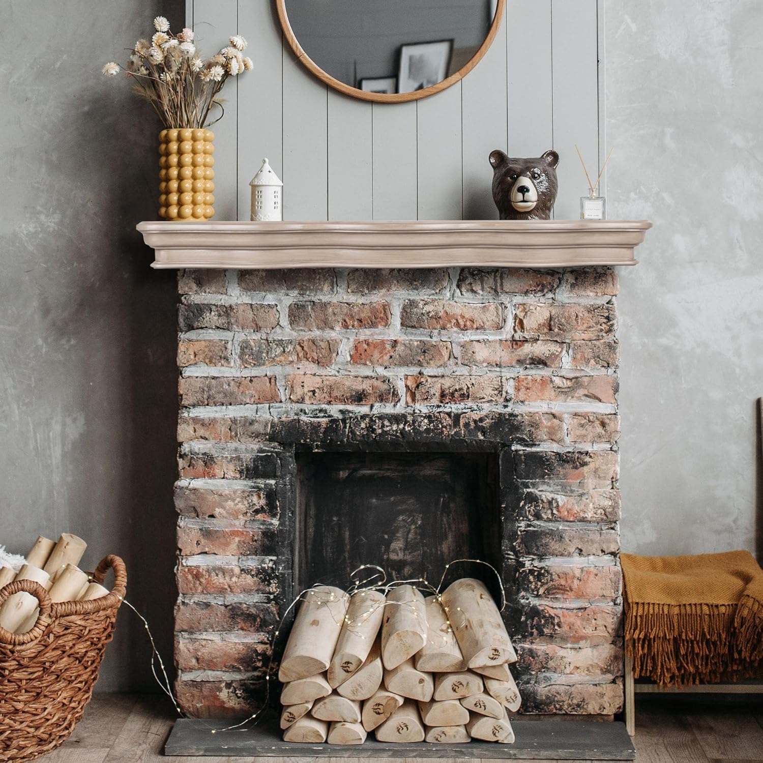 Fireplace Mantels, Solid Rustic Wood Floating Mantel Shelves, Wall Mounted Farmhouse Shelf Handcrafted Mantle Decor Beam with Invisible Metal Bracket (60in, Grey)