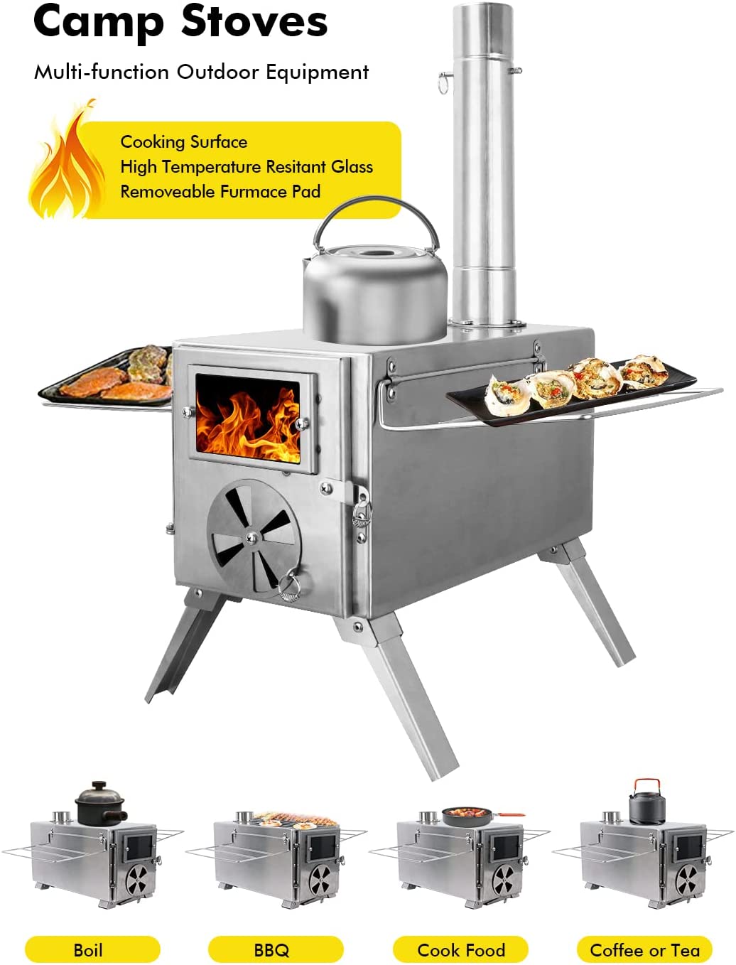 Camping Stove for Hot Tents, QCAI 304 Stainless Steel Wood Burning Stove with Stainless Wall Chimney Pipes for Tents, Shelter, Outdoor Portable Stove for Camping Heating and Cooking