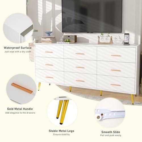 9 Drawer Dresser for Bedroom, 63” Long Dresser with Charging Station, Modern Chest of Wide Drawers with Gold Handles & Storage Pocket, Wood Dresser for Kids Bedroom, Hallway, White