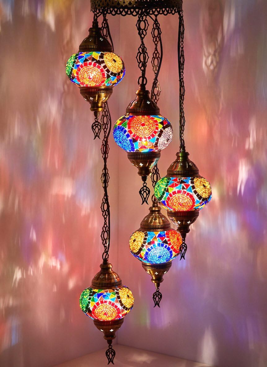 DEMMEX PLUGIN 5 Globes Chandelier Light Turkish Moroccan Mosaic Ceiling Hanging Pendant Light Fixture Chandelier Lighting (PlugIn with 15feet Cord,Chain&Plug)