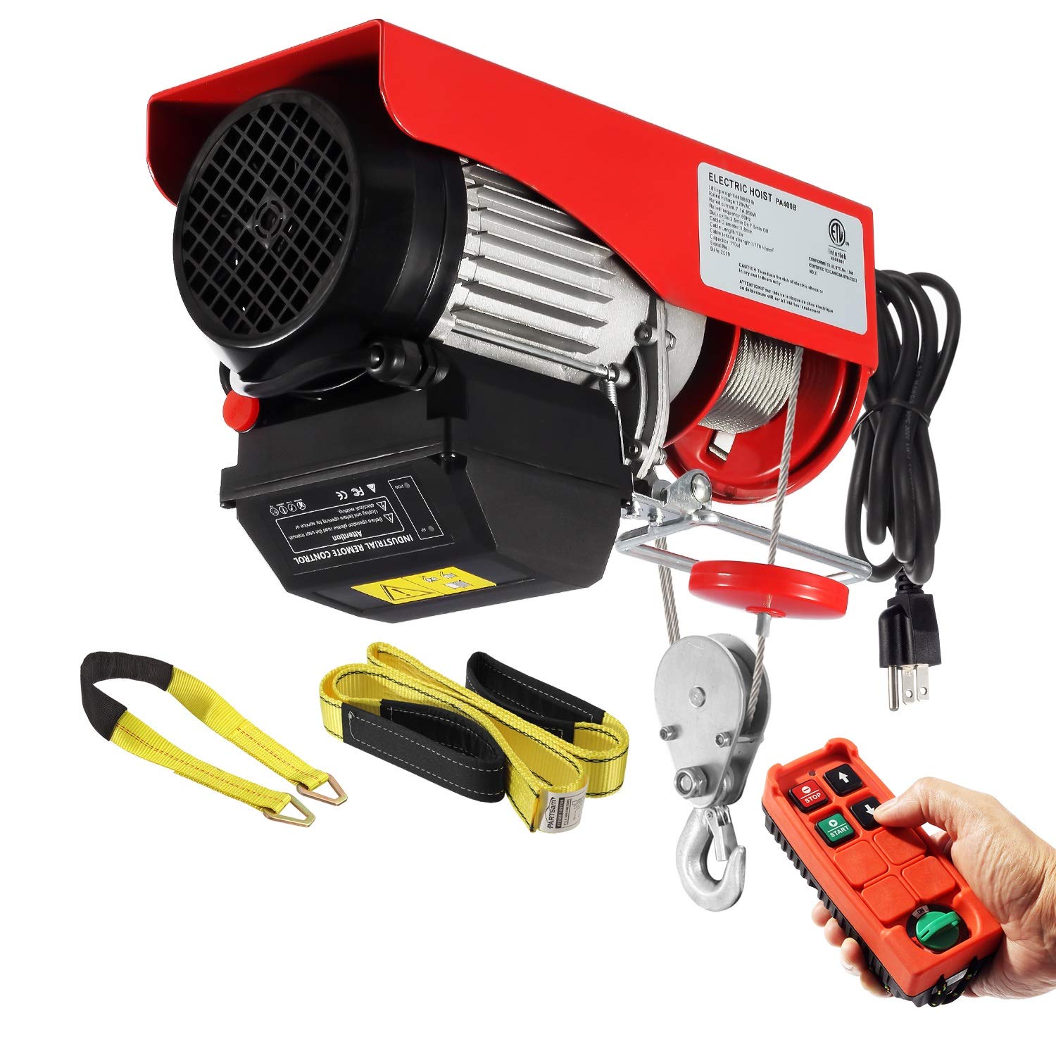 Partsam 880lbs Automatic Lift Electric Cable Hoist with Wireless Remote Control 110V Overhead Crane Garage Ceiling Pulley Winch w Towing Strap Sling, Electric Wire Rope Hoist, 38ft Lifting Height