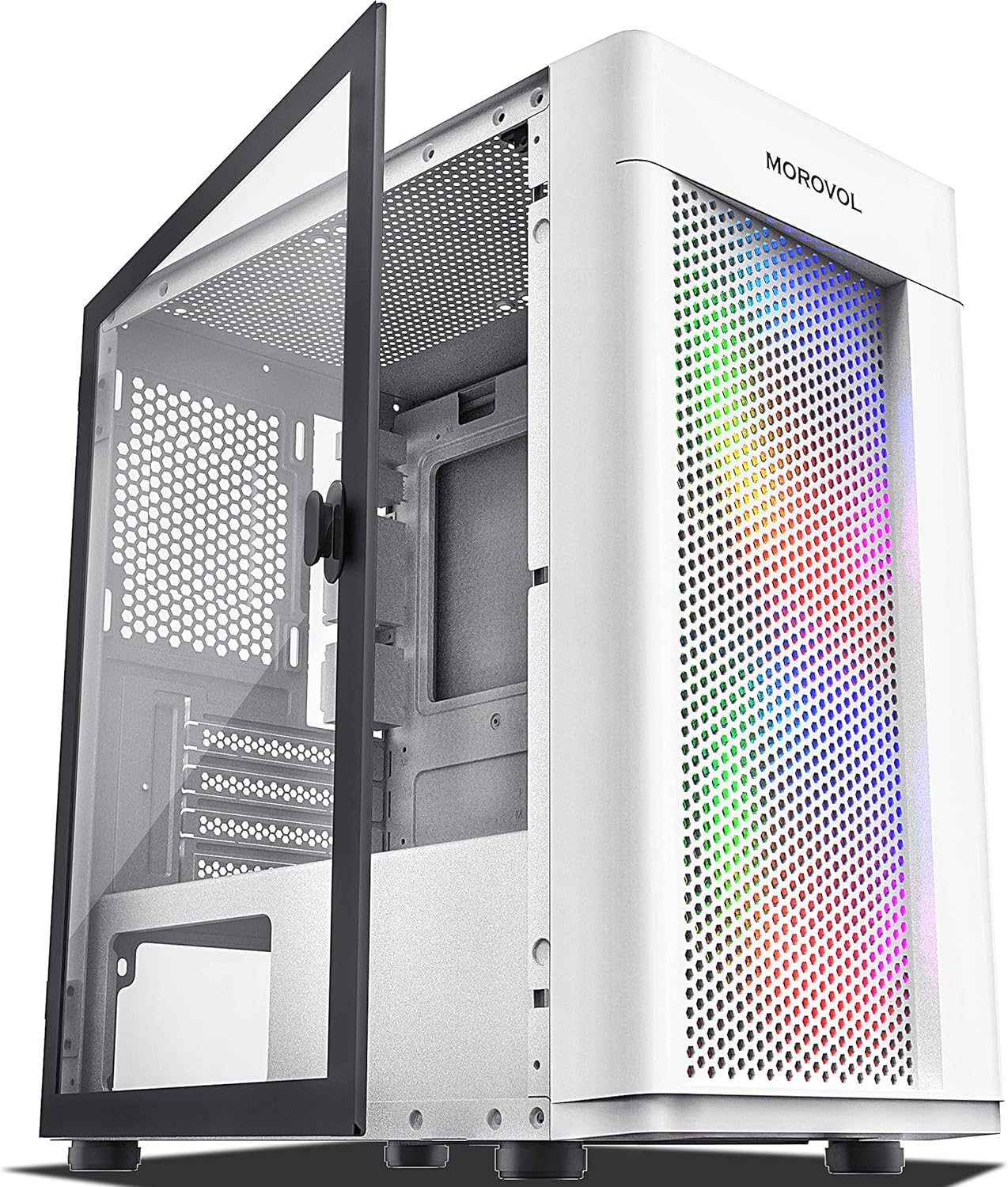 MOROVOL Mesh Micro-ATX Tower Computer Case, 2PCS × ARGB Fans Pre-Installed and 2×USB 3.0 Ports, Magnetic Design Opening Tempered Glass Panel & Mesh Front Panel Mini-ITX Gaming PC Case, White