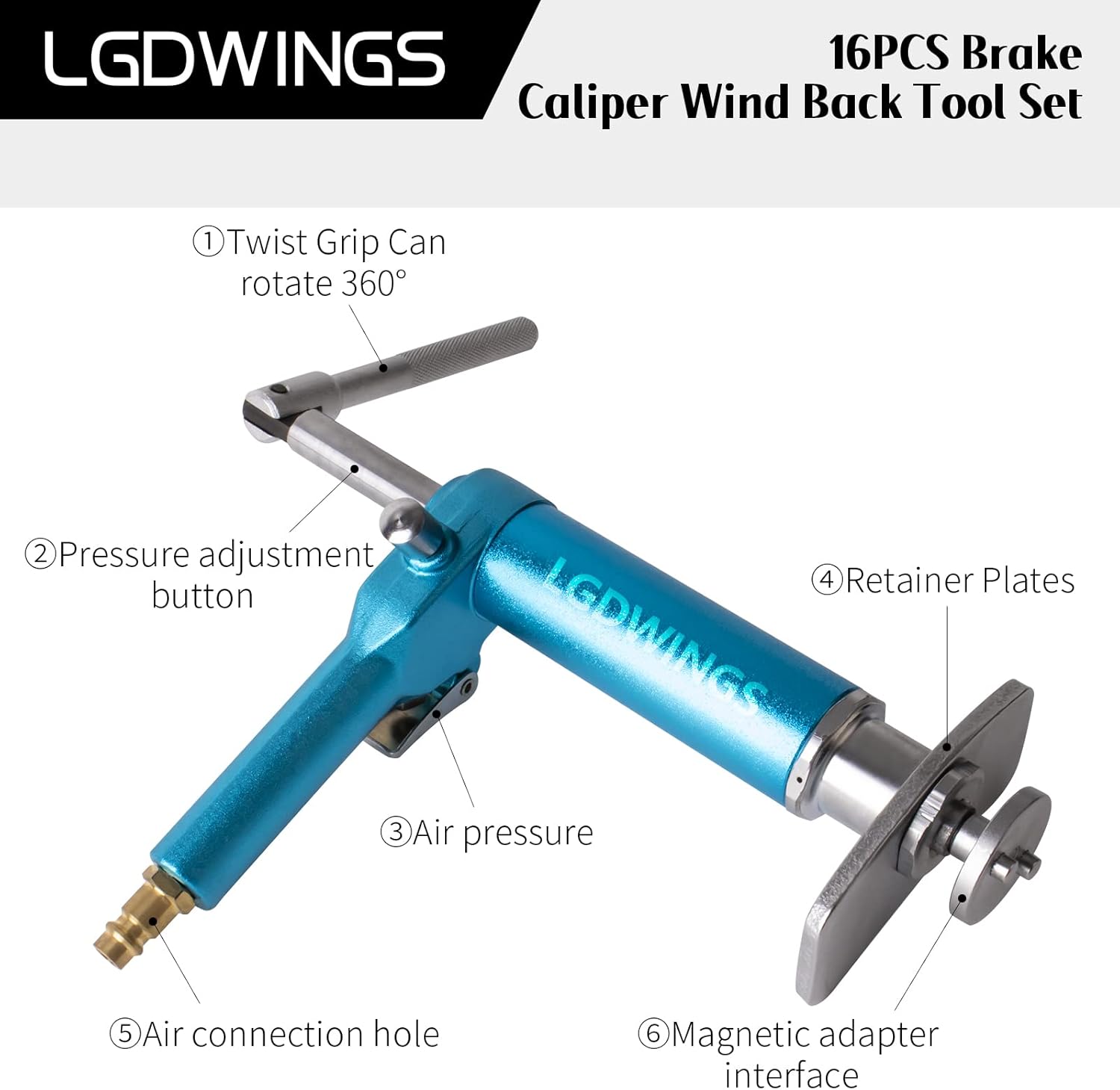 LGDWINGS Air Powered Disc Brake Caliper Wind Back Compression Spreading Tool Kit Pneumatic Design 16PCS Rewind Spreader Air Tool Set