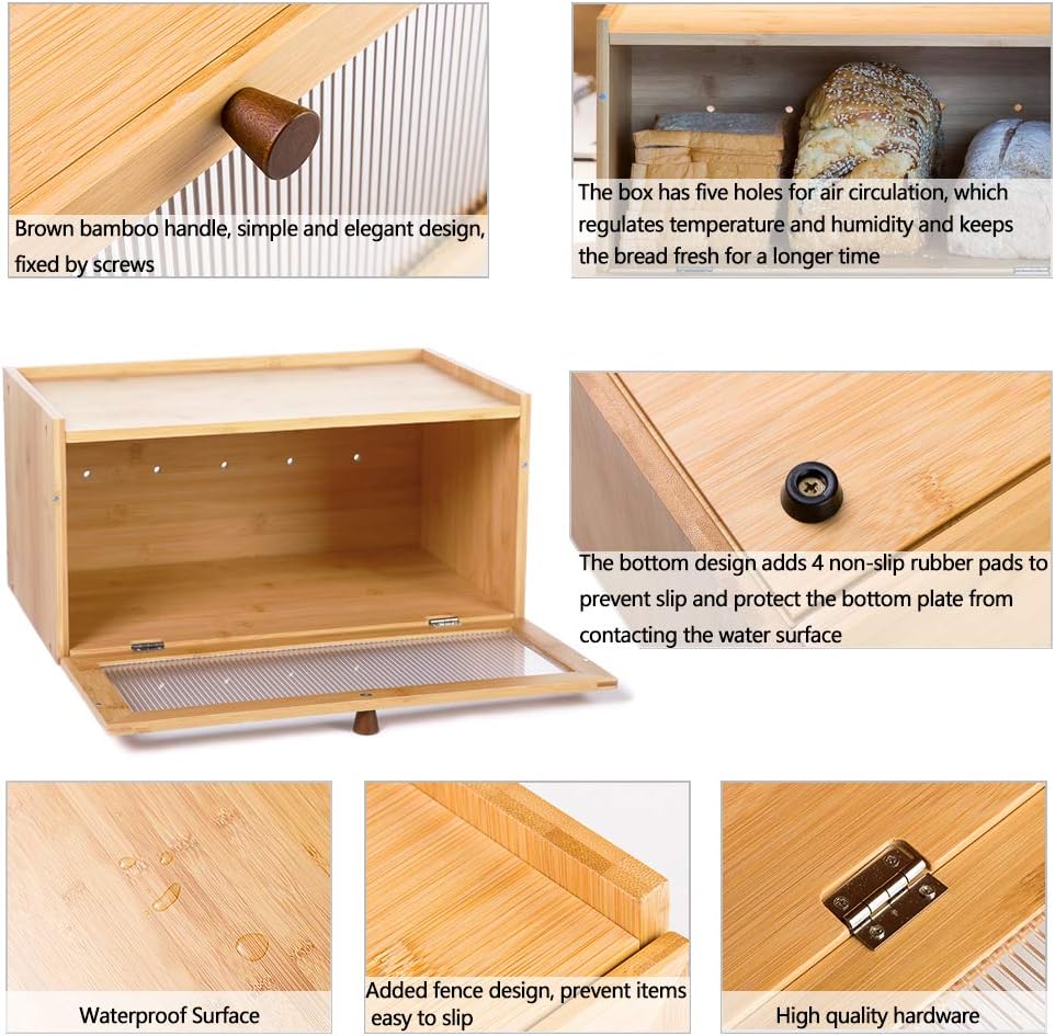 ETMI Bamboo Bread Box for Kitchen Counter-Large Capacity Bread Storage Container Farmhouse Bread Box with Window Bread Holder Pack of 2