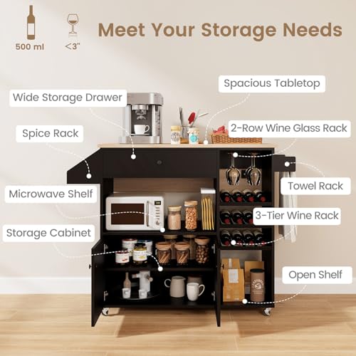 Giantex Rolling Kitchen Island Cart with Drop Leaf, Power Outlet, Spice Rack, 12 Wine Rack, Glass Holder, Drawer, Storage Cabinet, Towel Rack, Island Table for Breakfast Coffee Bar (Rustic Brown)