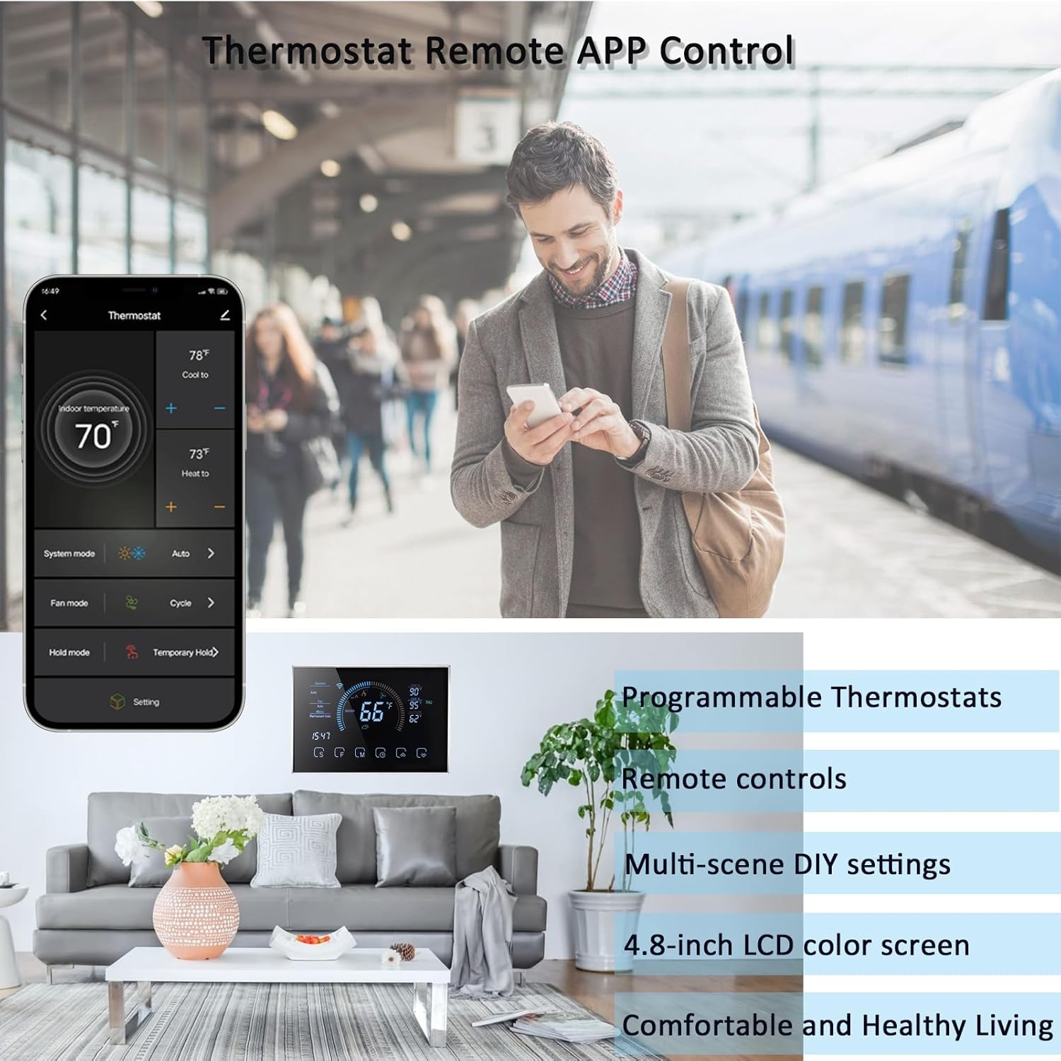 Smart Thermostats for Home, Digital Thermostat with App, WiFi Thermostats for Home, C-Wire Adapter Included, App Thermostat, LCD Color Screen, Voice Control, Energy Efficient, Easy DIY()