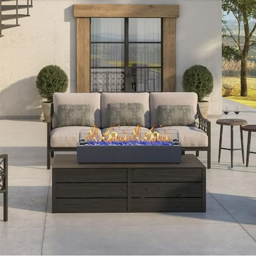 28-inch Table Top Propane Fire Pit, 40,000 BTU Tabletop Firepit for Patio, Outdoor Portable Fireplace Rectangular Fire Bowl w/Wind Glass Shield, Glass Rocks - Black
