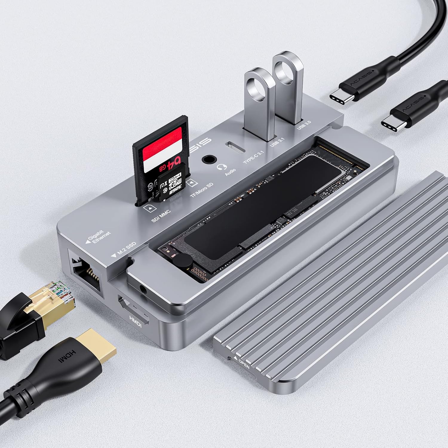 ACASIS USB-C HUB 10-in-1 Docking Station fit M.2 NVME & SATA NGFF SSD with HDMI, 100W Power Delivery, Support 8TB for Windows/MAC/IPAD (CM073 Sliver)