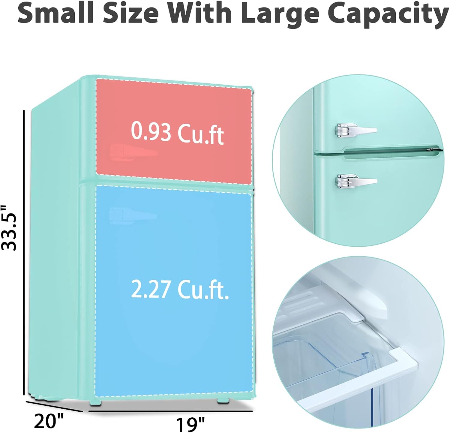 ZAFRO 3.2 Cu.ft. Refrigerator with Double Doors, Mini Fridge with Freezer, Fridge with Adjustable Thermostat 20" D x 19" W x 33.5" H, Compact Refrigerator for Dorm Apartment Office Kitchen-GREEN
