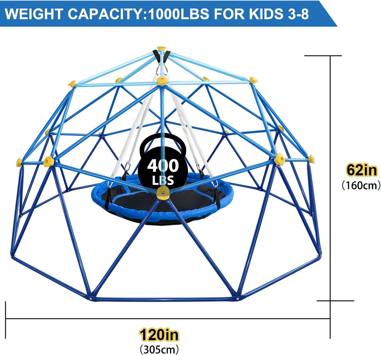 10ft Climbing Dome with Net Chair, Geometric Dome Climber Play Center with Rust & Uv Resistant, Supporting 1000lbs, Kids Jungle Gym Playground Indoor/Outdoor with Much Easier Assembly