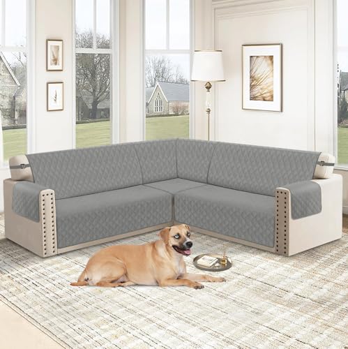 HDCAXKJ Waterproof Corner Sectional Couch Cover for Dogs Washable L Shape Sofa Cover Pets Protector 5 Piece U Shaped Sectional Slipcover L Shaped Couch Cover for Living Room (Dark Grey, Large)
