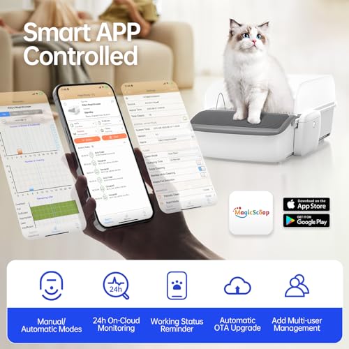 Self-Cleaning Automatic Cat Litter Box with Smart App Control, Open&Lightweight Design, Safe Anti-Pinch Protection, Patented Non-Stick Bottom,Tear-Resistant Rubber Liner with Eco Waste Bags