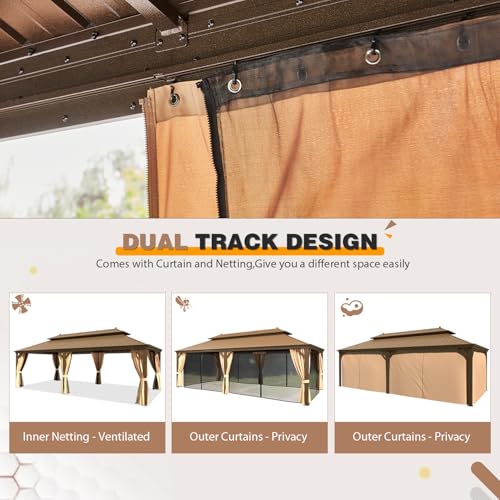 EROMMY 14'x20' Hardtop Gazebo Double Roof Galvanized Steel Canopy Outdoor Aluminum Frame Permanent Metal Pavilion with Netting and Curtains for Patio Backyard Deck and Lawns
