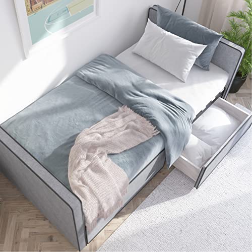 DG Casa Caden Twin Size Platform Bed Frame with 2 Storage Drawers Underneath - Upholstered in Gray Fabric - Ideal as Sofa Bed or Twin Daybed, Box Spring Not Required