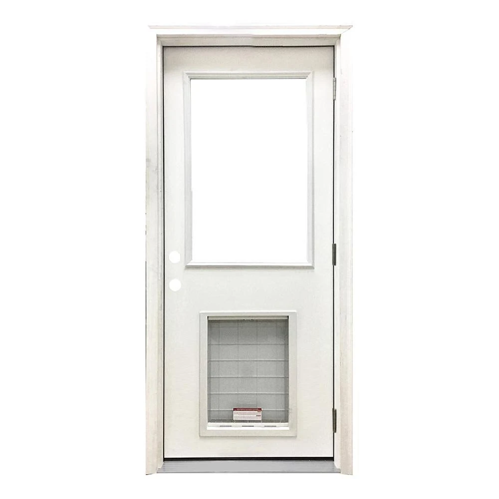 Steves u0026 Sons 36 in. x 80 in. Classic Clear Half Lite LHOS White Primed Fiberglass Prehung Back Door with SL Pet Door