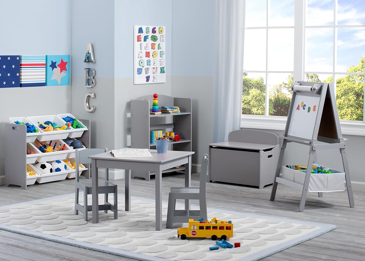 Delta Children Chelsea Kids Upholstered Chair with Cup Holder, Soft Grey & MySize Kids Wood Table and Chair Set (2 Chairs Included)