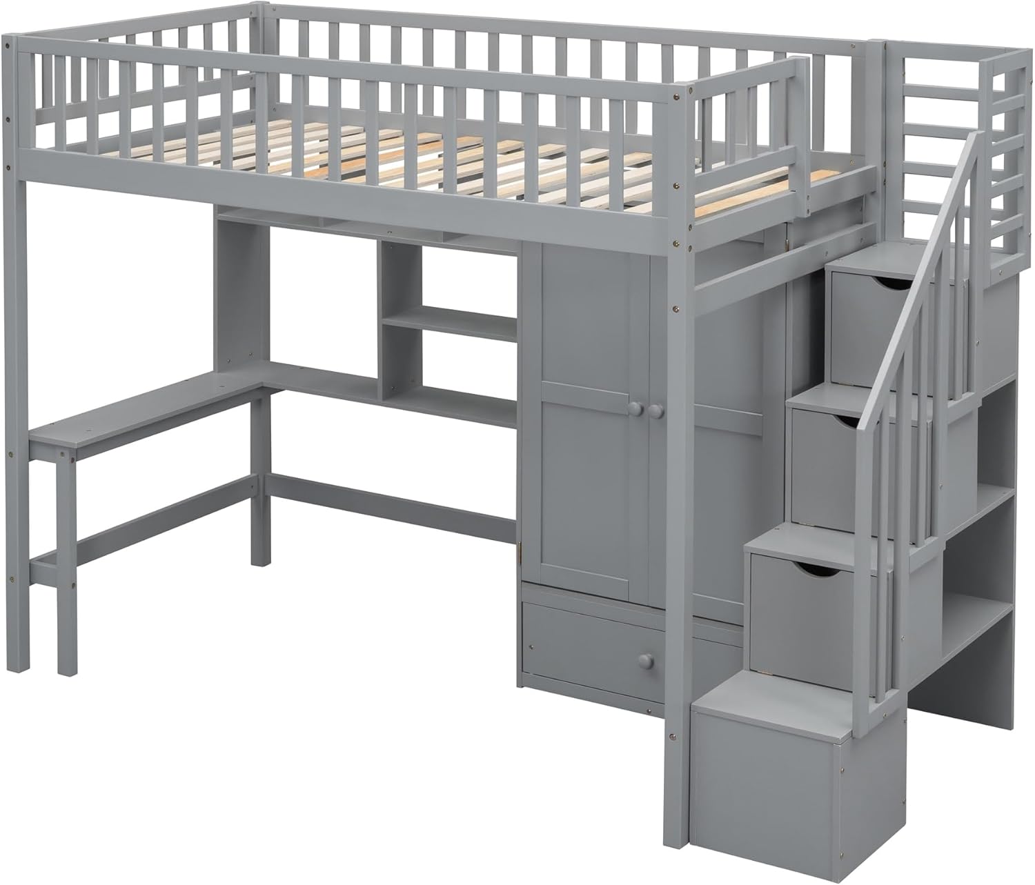 Twin Size Loft Bed with Bookshelf Drawers Desk and Wardrobe Grey Modern Contemporary Unisex Nature Space MDF Pine Wood Finish Includes Hardware