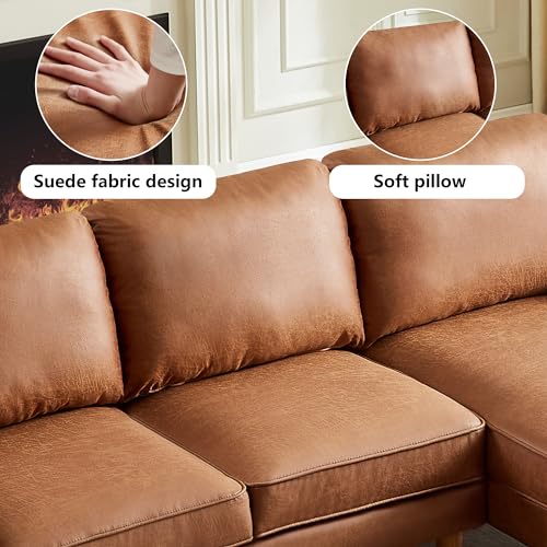 Setawix Convertible Sectional Sofa with Reversible Chaise L-Shaped Couch 3 Seat Suede Fabric Sofa with Recliner Modular Sofa Bed with Strong Wooden Leg for Living Room,Apartment,Small Spaces (Brown)